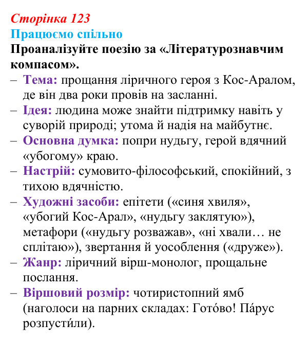 Відповідь до завдання (с. 123) з української літератури для 9 класу, Архипова 2026: Т. Шевченко, «Готово! Парус...