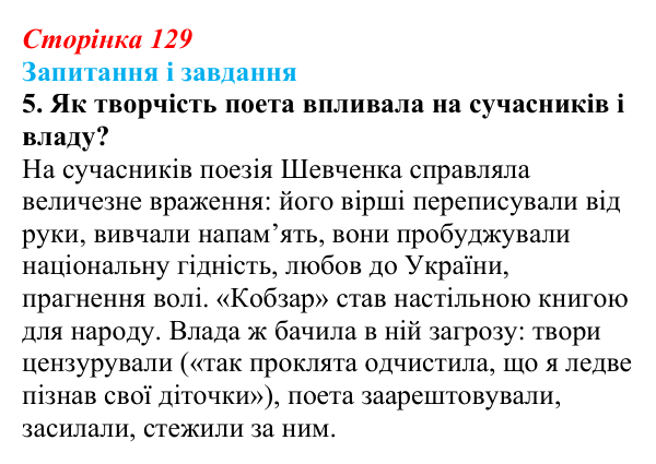 Сторінка 129, завдання 5 Відповідь до завдання 5 (с. 129) з української літератури для 9 класу, Архипова 2026: Д. Чуб, «Живий Шевченко: невигадані...