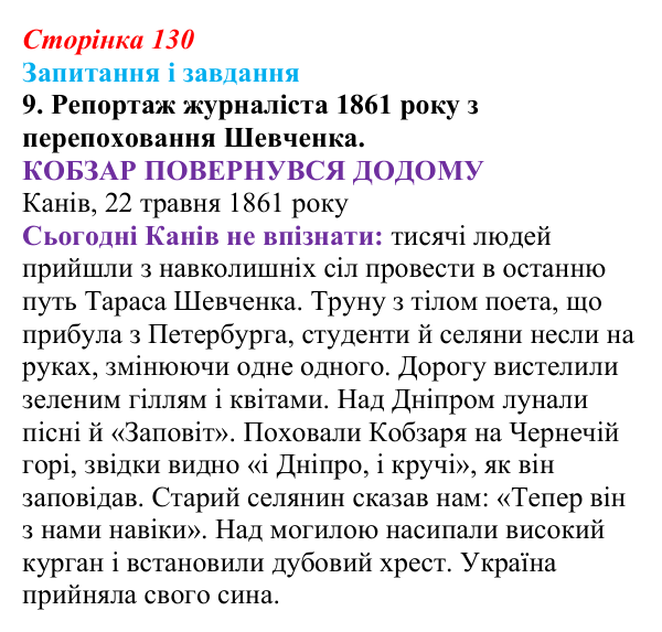 Відповідь до завдання 9 (с. 130) з української літератури для 9 класу, Архипова 2026: Д. Чуб, «Живий Шевченко: невигадані...