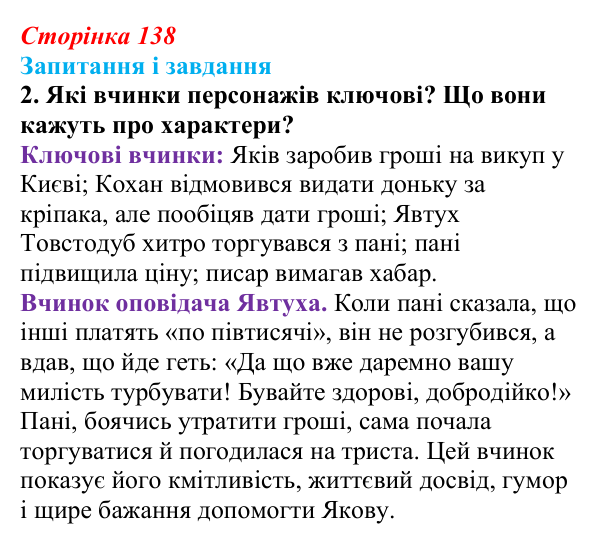 Сторінка 138, завдання 2 Відповідь до завдання 2 (с. 138) з української літератури для 9 класу, Архипова 2026: Марко Вовчок, оповідання «Викуп»