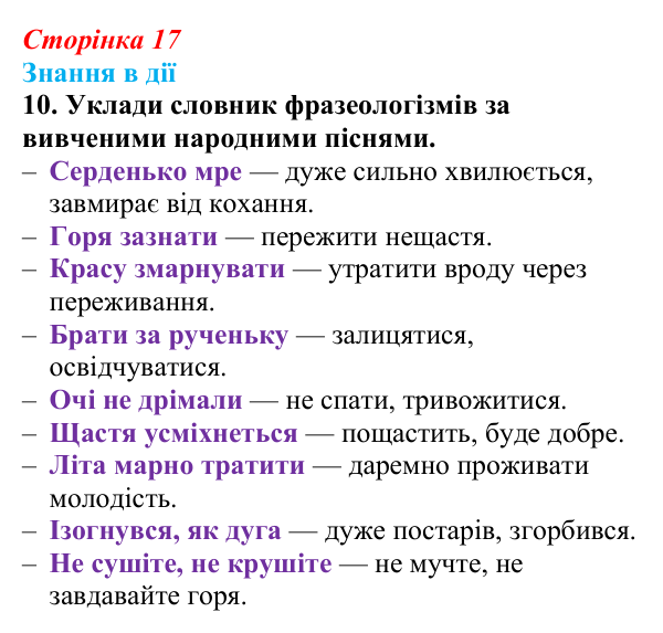 Сторінка 17, знання в дії, завдання 10 Відповідь до завдання 10 «Знання в дії» (с. 17) з української літератури для 9 класу, Архипова 2026: народні...