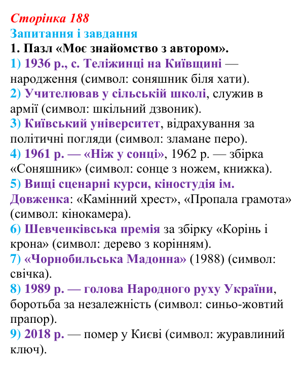 Сторінка 188, завдання 1 Відповідь до завдання 1 (с. 188) з української літератури для 9 класу, Архипова 2026: І. Драч, «Балада про соняшник»