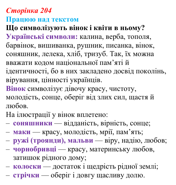 Сторінка 204, запитання 2 Відповідь до запитання 2 (с. 204) з української літератури для 9 класу, Архипова 2026: символіка українського вінка