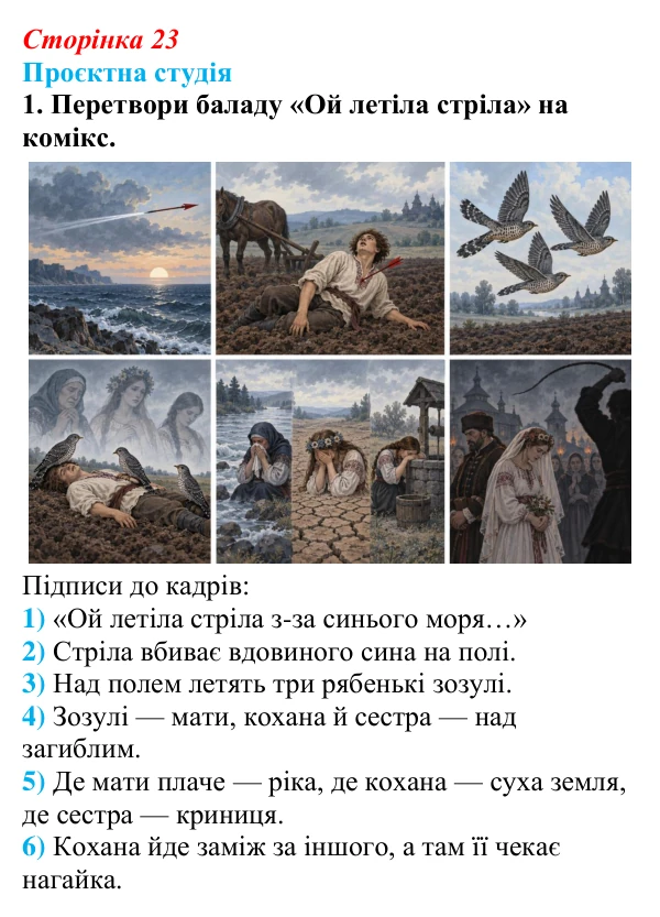 Відповідь до завдання 1 «Проєктна студія» (с. 23) з української літератури для 9 класу, Архипова 2026: народна балада «Ой...