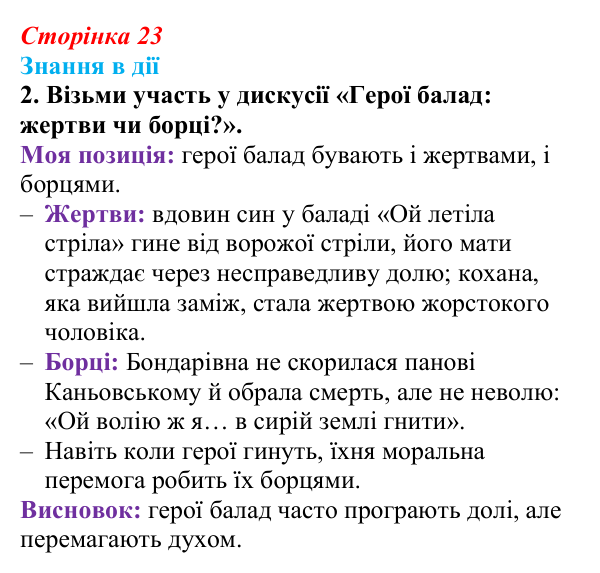 Сторінка 23, знання в дії, завдання 2 Відповідь до завдання 2 «Знання в дії» (с. 23) з української літератури для 9 класу, Архипова 2026: народна балада «Ой...