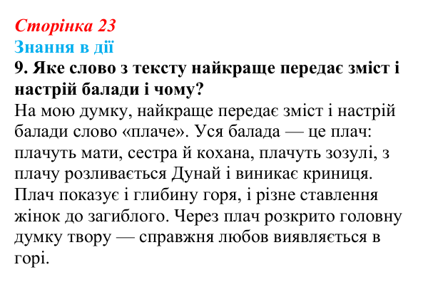 Сторінка 23, знання в дії, завдання 9 Відповідь до завдання 9 «Знання в дії» (с. 23) з української літератури для 9 класу, Архипова 2026: народна балада «Ой...
