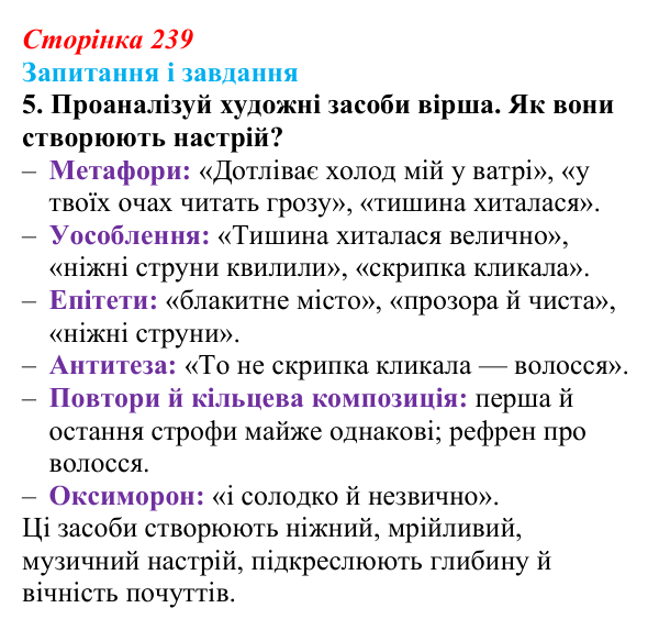 Сторінка 239, завдання 5 Відповідь до завдання 5 (с. 239) з української літератури для 9 класу, Архипова 2026: В. Симоненко, «Дотліває холод мій...