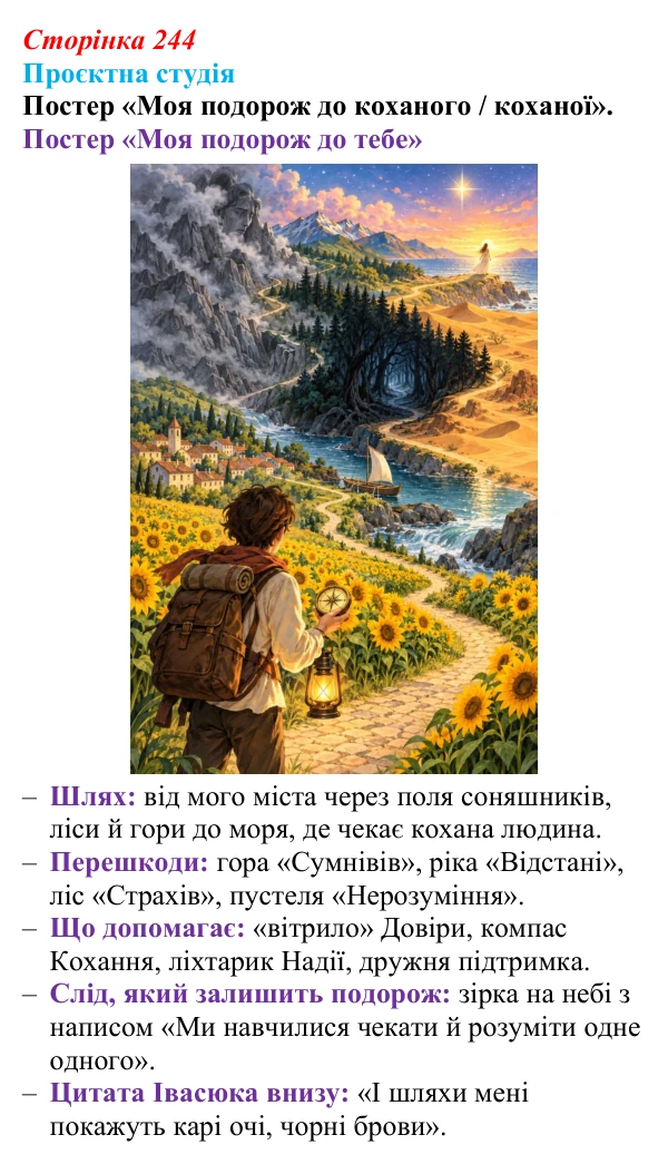 Сторінка 244, запитання 2 Відповідь до запитання 2 (с. 244) з української літератури для 9 класу, Архипова 2026: В. Івасюк, «Я піду в далекі гори»