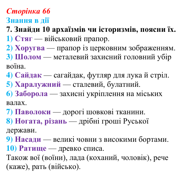 Сторінка 66, знання в дії, завдання 7 Відповідь до завдання 7 «Знання в дії» (с. 66) з української літератури для 9 класу, Архипова 2026: «Слово про похід Ігорів»