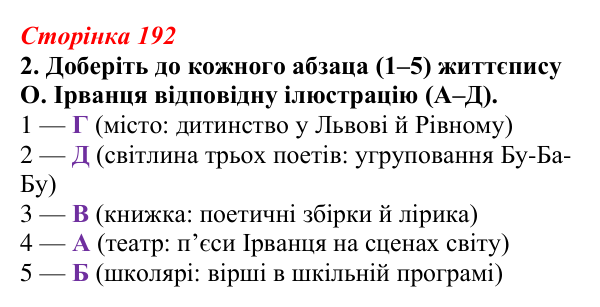 Відповідь до завдання 2 (с. 192) з української літератури для 9 класу, Авраменко 2026: Україна у ХХІ ст., О. Ірванець...