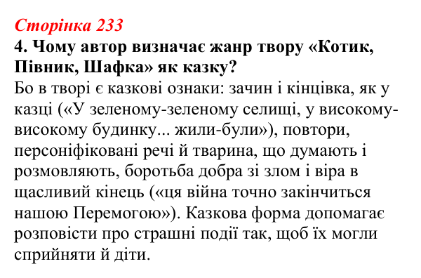 Відповідь до завдання 4 (с. 233) з української літератури для 9 класу, Авраменко 2026: О. Михед, «Котик, Півник, Шафка»