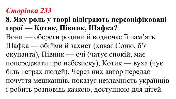 Відповідь до завдання 8 (с. 233) з української літератури для 9 класу, Авраменко 2026: О. Михед, «Котик, Півник, Шафка»