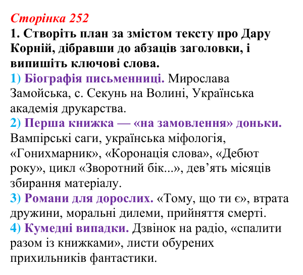Відповідь до завдання 1 (с. 252) з української літератури для 9 класу, Авраменко 2026: Дара Корній, «Гонихмарник»