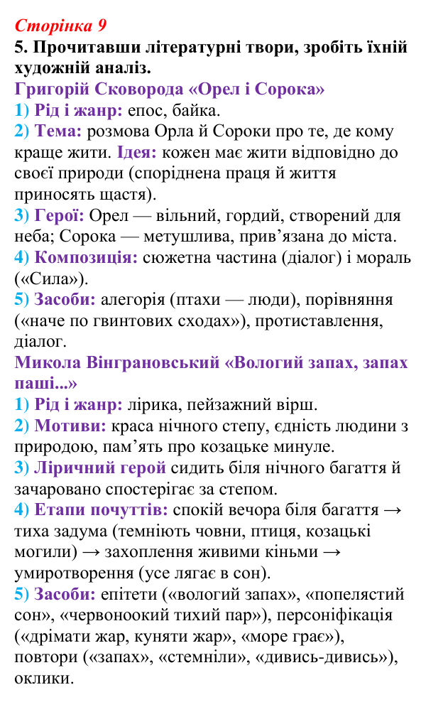 Відповідь до завдання 5 (с. 9) з української літератури для 9 класу, Авраменко 2026: § 1–2. Зміст і форма, художність...