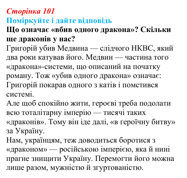 Сторінка 101 Відповідь до запитання до тексту (с. 101) з української літератури для 9 класу, Калинич 2026: Іван Багряний, роман...