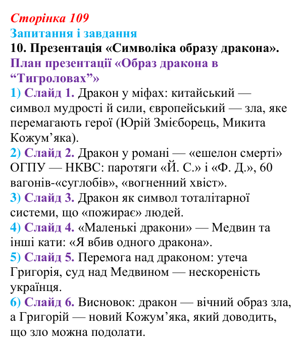 Відповідь до завдання 10 (с. 109) з української літератури для 9 класу, Калинич 2026: Іван Багряний, роман «Тигролови»
