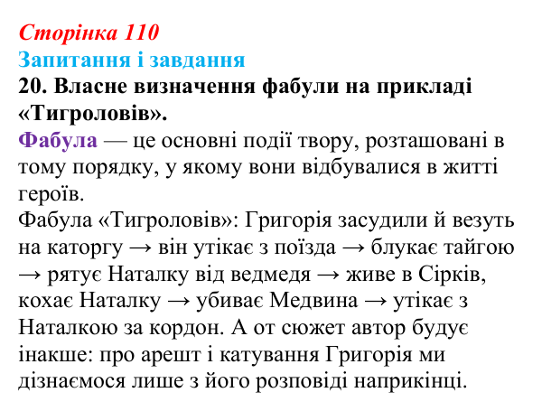 Сторінка 110, завдання 20 Відповідь до завдання 20 (с. 110) з української літератури для 9 класу, Калинич 2026: Іван Багряний, роман «Тигролови»