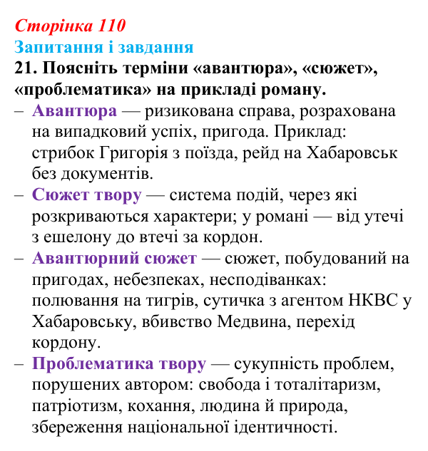 Сторінка 110, завдання 21 Відповідь до завдання 21 (с. 110) з української літератури для 9 класу, Калинич 2026: Іван Багряний, роман «Тигролови»
