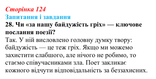 Сторінка 124, завдання 28 Відповідь до завдання 28 (с. 124) з української літератури для 9 класу, Калинич 2026: Володимир Підпалий, «Тиха елегія»...