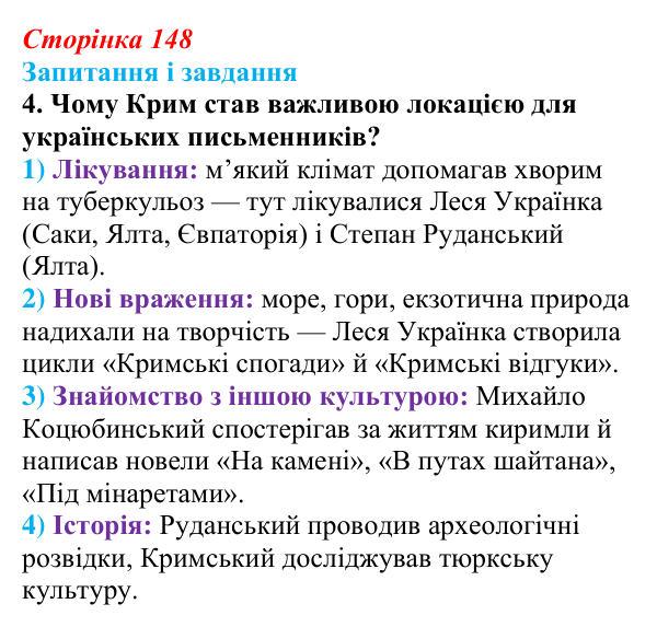 Сторінка 148, завдання 4 Відповідь до завдання 4 (с. 148) з української літератури для 9 класу, Калинич 2026: Крим в українській літературі