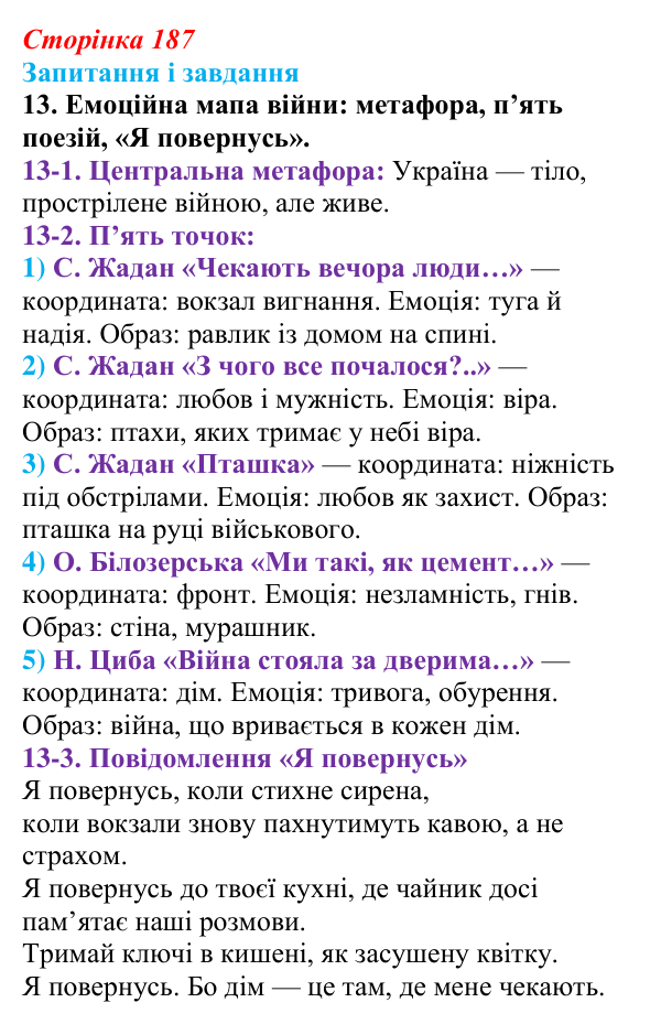 Сторінка 187, завдання 13 Відповідь до завдання 13 (с. 187) з української літератури для 9 класу, Калинич 2026: Сергій Жадан, «Чекають вечора...