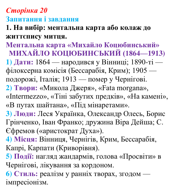 Сторінка 20, завдання 1 Відповідь до завдання 1 (с. 20) з української літератури для 9 класу, Калинич 2026: Михайло Коцюбинський, «На камені»