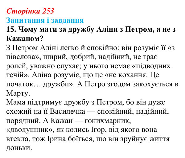 Сторінка 253, завдання 15 Відповідь до завдання 15 (с. 253) з української літератури для 9 класу, Калинич 2026: Дара Корній, роман «Гонихмарник»