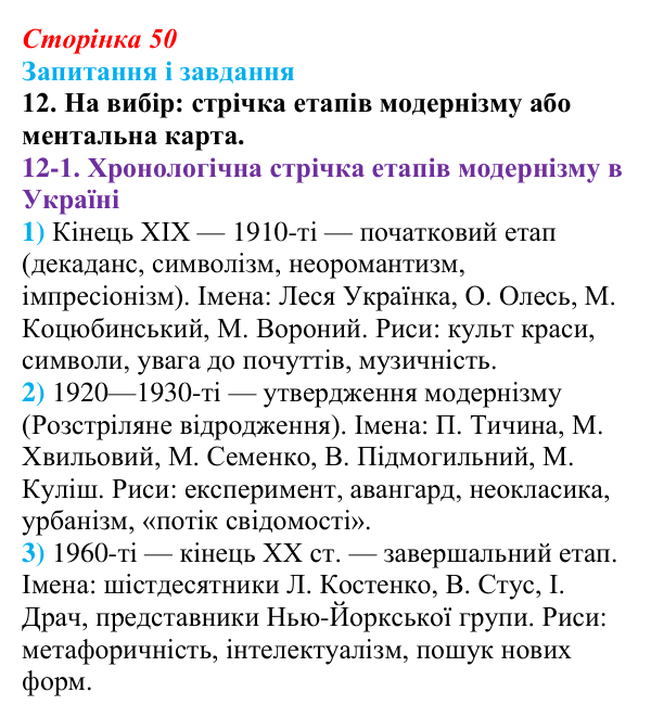 Сторінка 50, завдання 12 Відповідь до завдання 12 (с. 50) з української літератури для 9 класу, Калинич 2026: особливості літературно-мистецького...