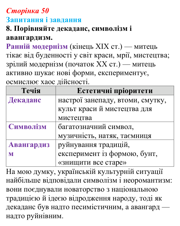 Сторінка 50, завдання 8 Відповідь до завдання 8 (с. 50) з української літератури для 9 класу, Калинич 2026: особливості літературно-мистецького...