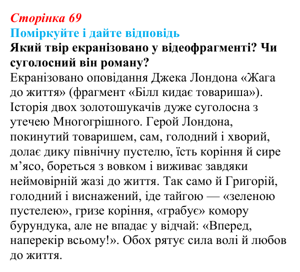 Сторінка 69 Відповідь до запитання до тексту (с. 69) з української літератури для 9 класу, Калинич 2026: Іван Багряний, роман «Тигролови»
