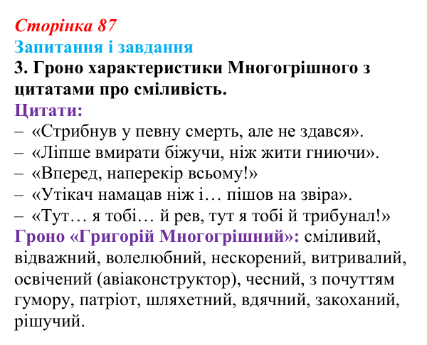 Відповідь до завдання 3 (с. 87) з української літератури для 9 класу, Калинич 2026: Іван Багряний, роман «Тигролови»
