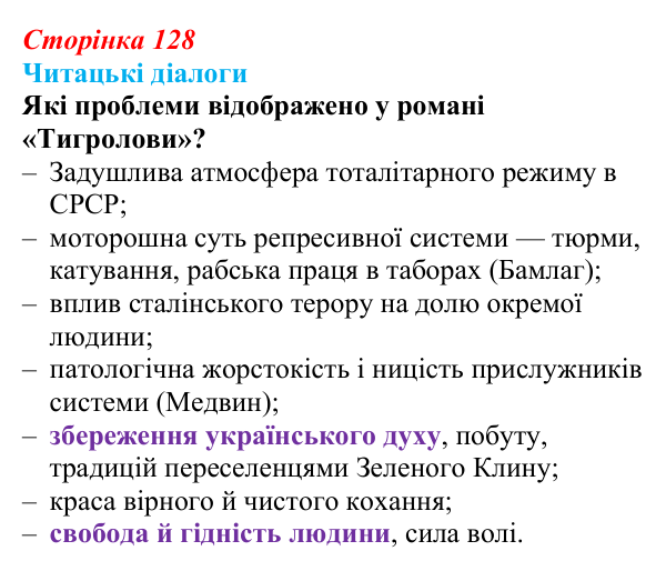 Сторінка 128, запитання 1 Відповідь до запитання 1 (с. 128) з української літератури для 9 класу, Яценко 2026: І. Багряний, «Тигролови»