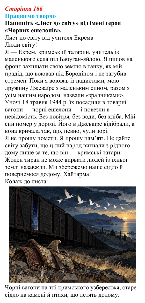 Сторінка 166, запитання 4 Відповідь до запитання 4 (с. 166) з української літератури для 9 класу, Яценко 2026: Е. Умеров, «Чорні ешелони»