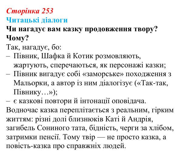 Сторінка 253, запитання 2 Відповідь до запитання 2 (с. 253) з української літератури для 9 класу, Яценко 2026: О. Михед, «Котик, Півник, Шафка»