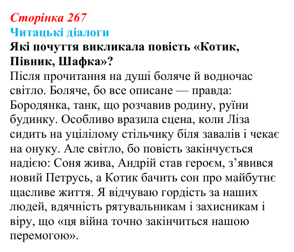 Відповідь до завдання (с. 267) з української літератури для 9 класу, Яценко 2026: О. Михед, «Котик, Півник, Шафка»