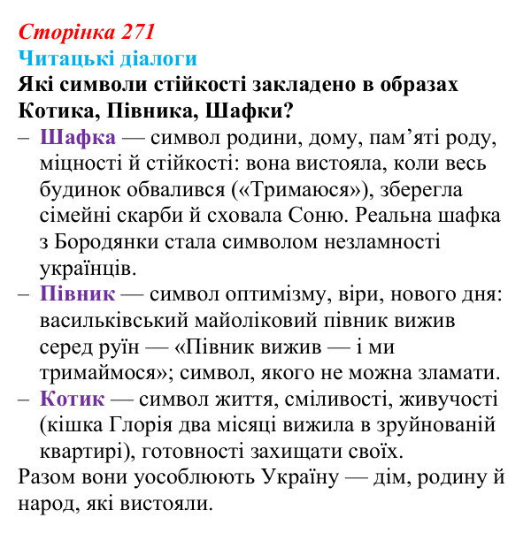 Сторінка 271, запитання 4 Відповідь до запитання 4 (с. 271) з української літератури для 9 класу, Яценко 2026: О. Михед, «Котик, Півник, Шафка»