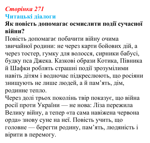 Сторінка 271, запитання 5 Відповідь до запитання 5 (с. 271) з української літератури для 9 класу, Яценко 2026: О. Михед, «Котик, Півник, Шафка»