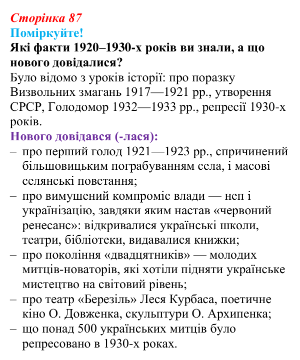 Сторінка 87, запитання 1 Відповідь до запитання 1 (с. 87) з української літератури для 9 класу, Яценко 2026: літературно-мистецьке життя...