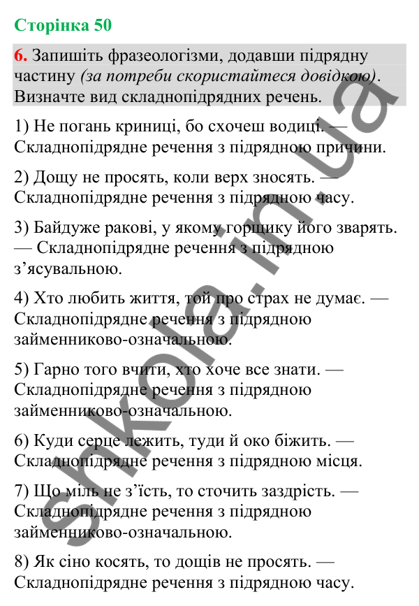 Відповідь до вправи 6 (§ 15, с. 50) з української мови для 9 класу (Голуб, 2026): Види складнопідрядних речень