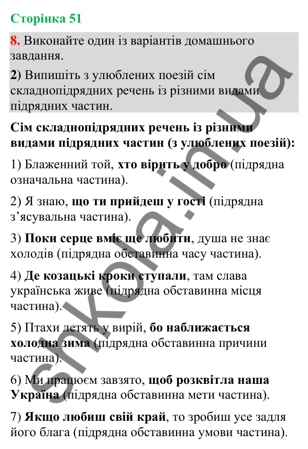 Відповідь до вправи 8, варіант 2 (§ 15, с. 51) з української мови для 9 класу (Голуб, 2026): Види складнопідрядних речень