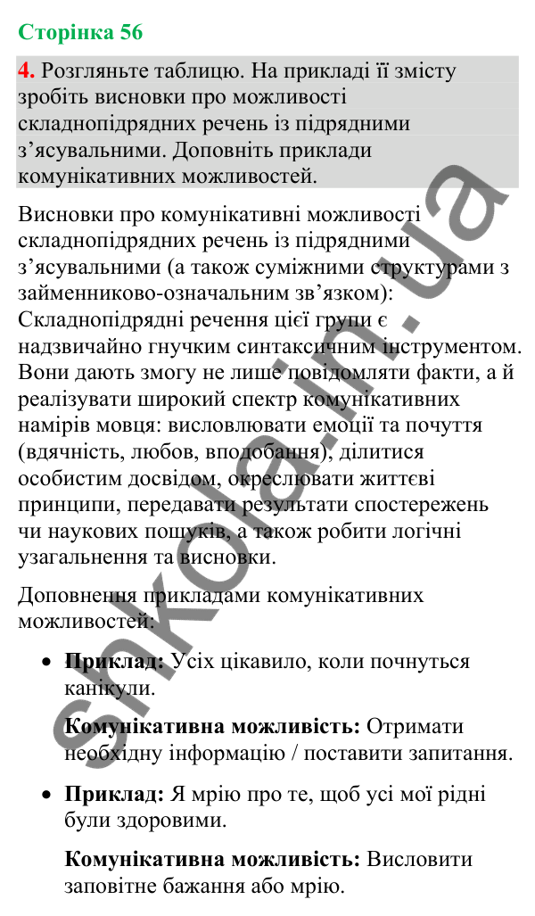 Відповідь до вправи 4 (§ 17, с. 56) з української мови для 9 класу (Голуб, 2026): Складнопідрядні речення зі з’ясувальними…