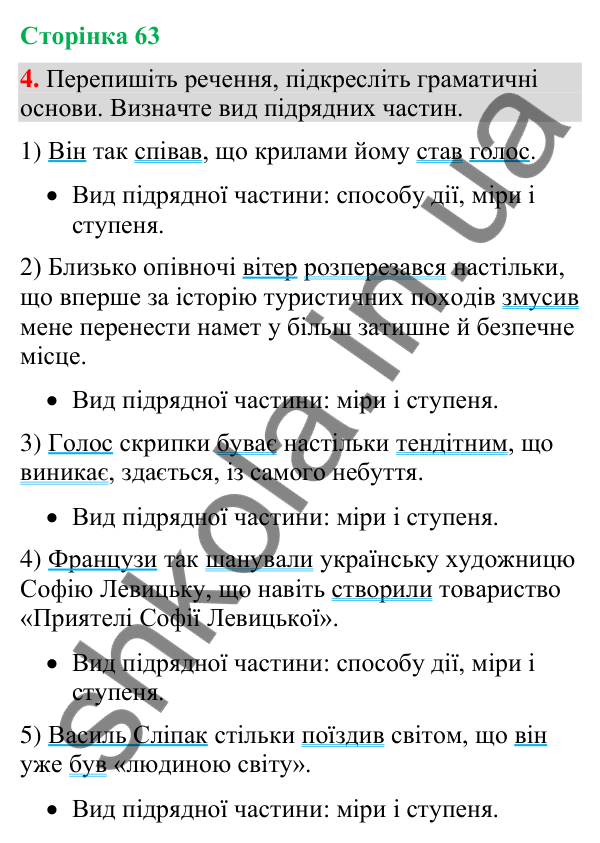 Відповідь до вправи 4 (§ 19, с. 63) з української мови для 9 класу (Голуб, 2026): Складнопідрядні речення з підрядними…