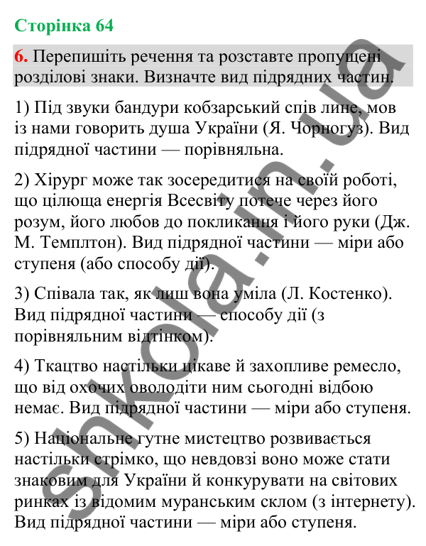 Відповідь до вправи 6 (§ 19, с. 64) з української мови для 9 класу (Голуб, 2026): Складнопідрядні речення з підрядними…