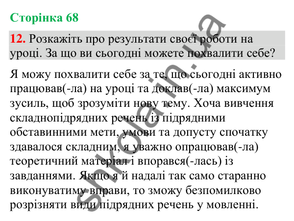 Відповідь до вправи 12 (§ 20, с. 68) з української мови для 9 класу (Голуб, 2026): Складнопідрядні речення з підрядними…