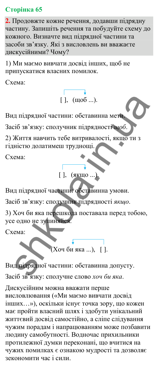 Відповідь до вправи 2 (§ 20, с. 65) з української мови для 9 класу (Голуб, 2026): Складнопідрядні речення з підрядними…