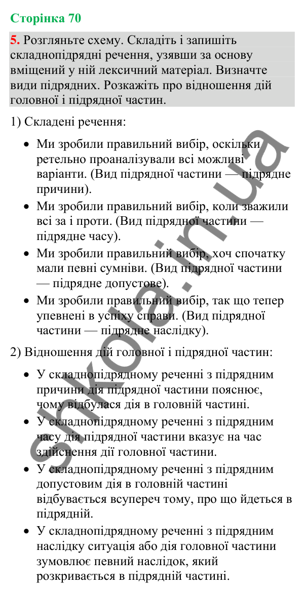Відповідь до вправи 5 (§ 21, с. 70) з української мови для 9 класу (Голуб, 2026): Складнопідрядні речення з підрядними…