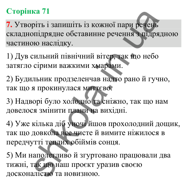 Відповідь до вправи 7 (§ 21, с. 71) з української мови для 9 класу (Голуб, 2026): Складнопідрядні речення з підрядними…