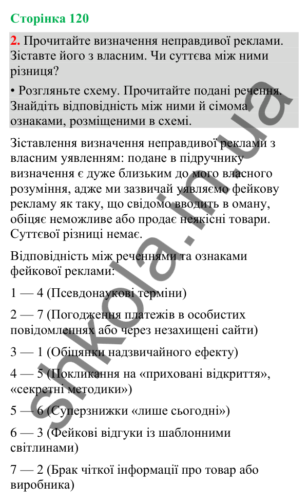 Відповідь до вправи 2 (§ 37, с. 120) з української мови для 9 класу (Голуб, 2026): Ознаки фейкової реклами