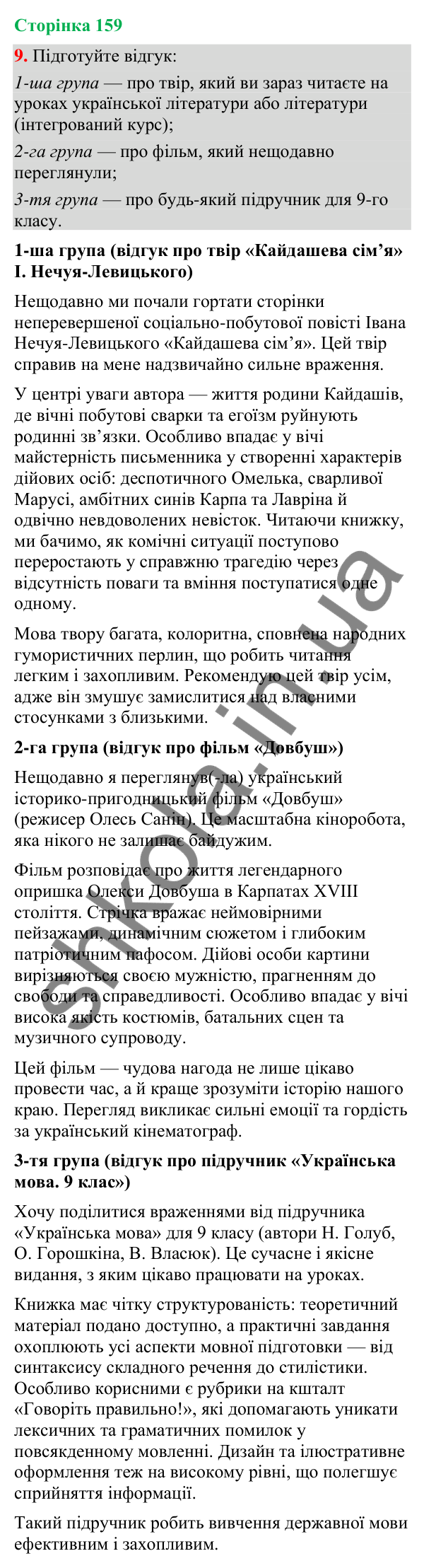 Відповідь до вправи 9 (§ 48, с. 159) з української мови для 9 класу (Голуб, 2026): Відгук