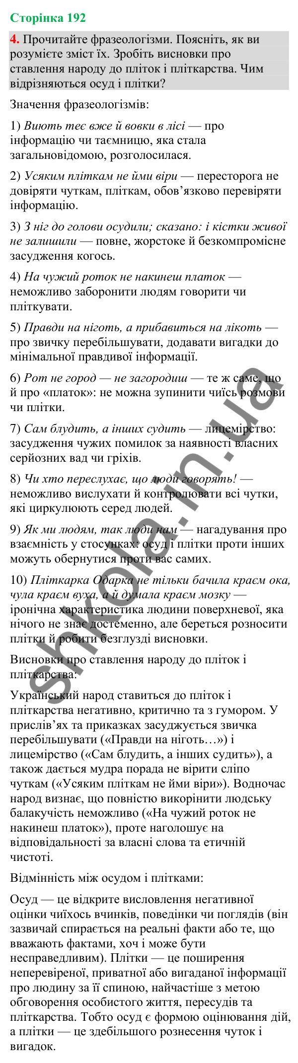 Відповідь до вправи 4 (§ 58, с. 192) з української мови для 9 класу (Голуб, 2026): Осуд. Плітки
